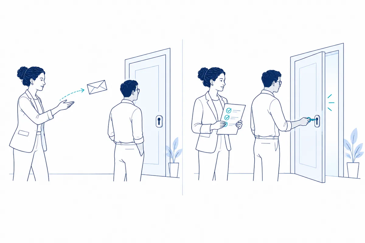 An email sent beside a closed door; a receiver checks a key beside an open door.